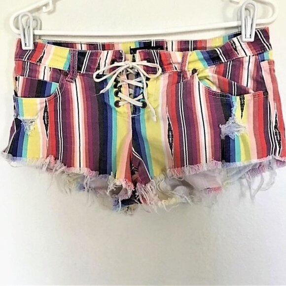 BILLABONG RAINBOW STRIPE LACE UP RAW HEM CUT OFF JEAN SHORTS - Picture 2 of 12